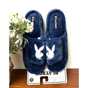 PLAYBOY MENS VELOUR SLIP ON SLIPPERS L 11/12 ROYAL BLUE MEMORY FOAM DAPPER RETRO